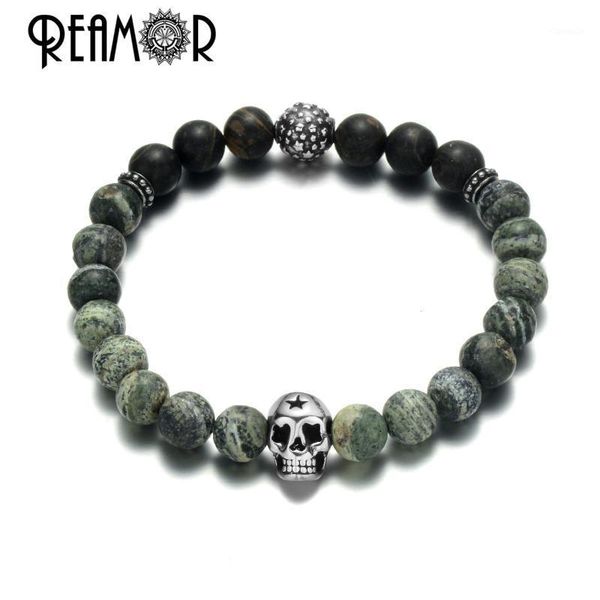 

beaded, strands reamor 8mm natural stone beads men bracelets stainless steel lucky star ball charm for women jewelry gift, Black