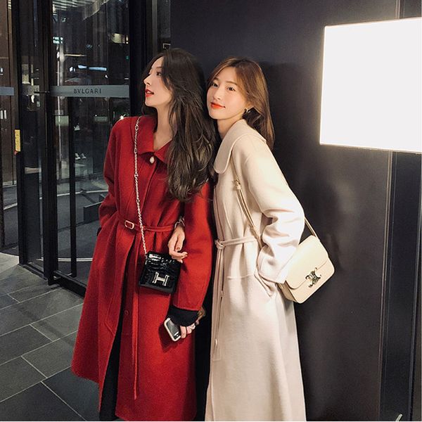 

new women 2021 spring autumn woolen coat female turn down collar long wool coats ladies elegant chic outerwear casaco feminino a81590ig, Black