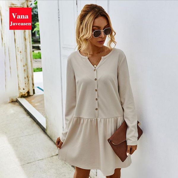 

casual dresses button single breasted knitted dress office ladies minimalist loose for women v-neck a-line vestidos female, Black;gray