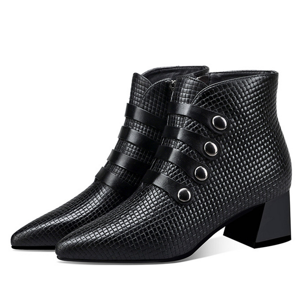 

soft leather short boots woman mid heels ankle boot women winter plush shoes square heel pointed toe female footware black