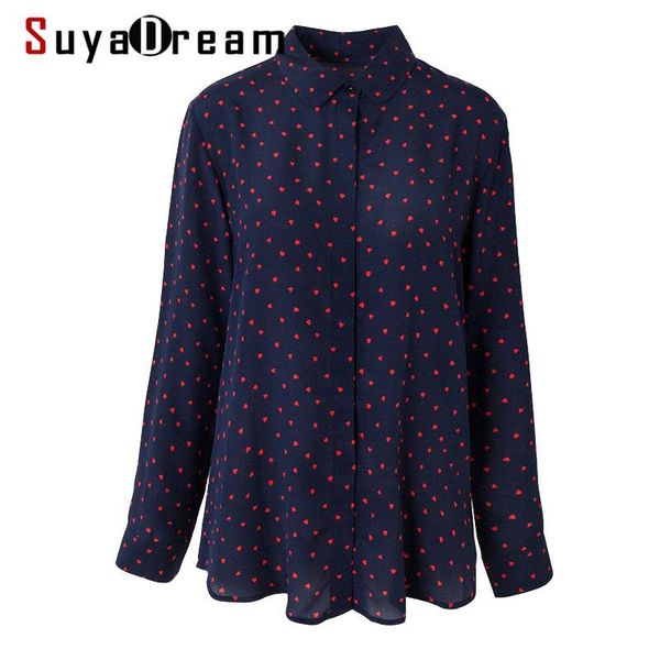 

women's blouses & shirts suyadream women hearts print blouse 100% real silk long sleeved office lady turn down collar 2021 fall shirt, White