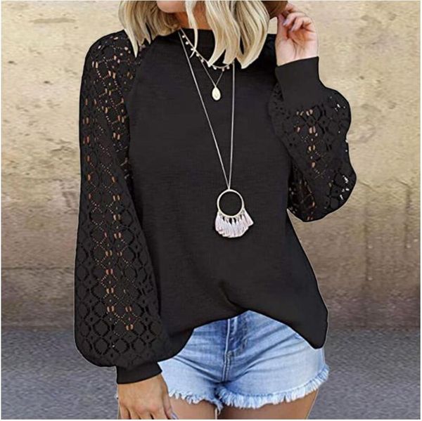

women long sleeve knit elegant hollow out lace blouse shirts autumn lantern pullover vintage o neck solid streetwear blusas women's bl, White