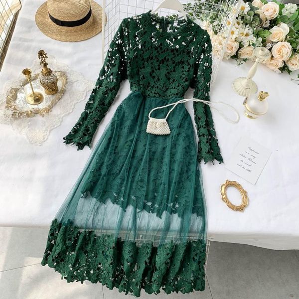 

casual dresses 2021 elegant dress french mesh stitching lace collect waist hollow out vestidos o-neck temperament solid color female, Black;gray