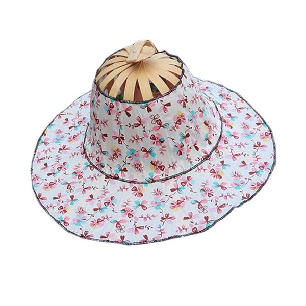 

wide brim hats women 2 in 1 portable foldable chinese style bamboo frame floral printed handheld fan multifunctional as sunhat f3md, Blue;gray