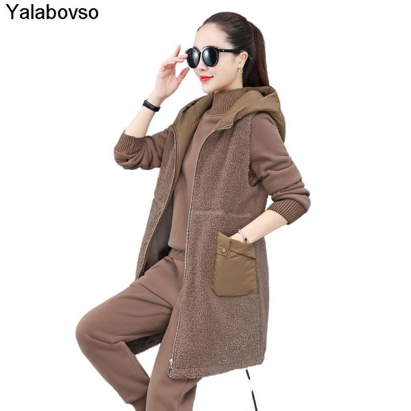 

three piece set female tracksuit women winter 2021 women's leisure sports suit lamb cashmere thickened loose retro hooded, White