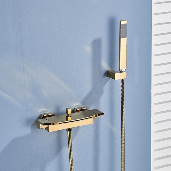 Banyo duş setleri Suguword Golden Küvet musluk şelale musluğu ve soğuk su mikseri musluk duvarı monte küvet