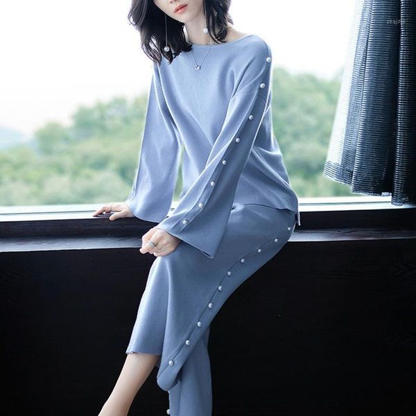 

two piece dress knitted tracksuit women set pants and elegant office lady work wear 2 pieces track suits knit sweater long sleeve pullov, White