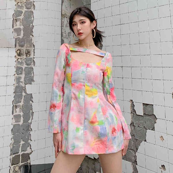 

dresses print hollow out spring for women slash neck long sleeve high waist hit color es female fashion tide, Black;gray