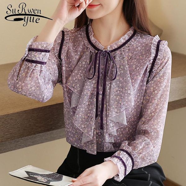 

women's blouses & shirts bow temperament purple women floral spring fancy fashion long sleeve chiffon shirt flower hollow lady 8468 50, White