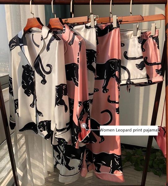 

leopard print women's 100% silk blouse or pants pajamas style loose turn-down collar long sleeve lace-up trousers 2021 two piece, White