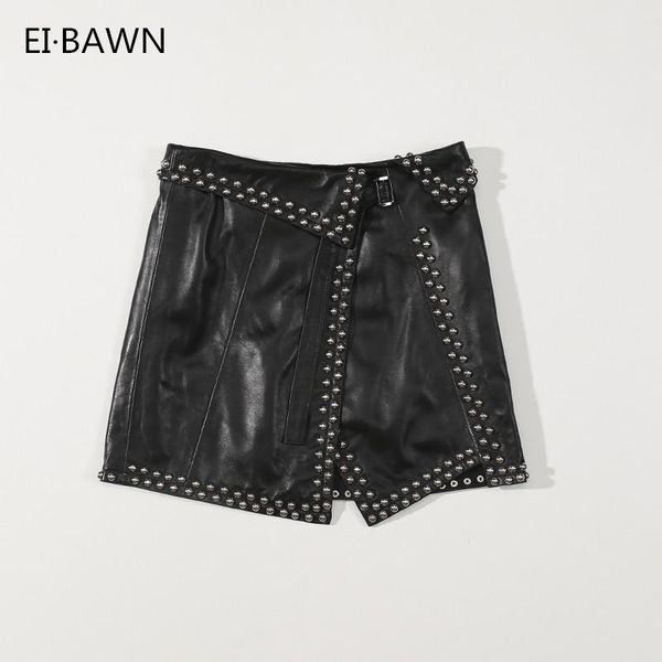 

skirts genuine leather skirt ladies plus size black high waist asymmetrical rivet mini pencil autumn winter streetwear