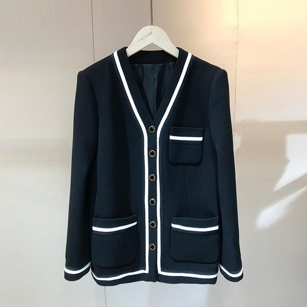 

women's jackets spring arrival contrast white stripes patchwork long sleeve elegant vintage black, Black;brown