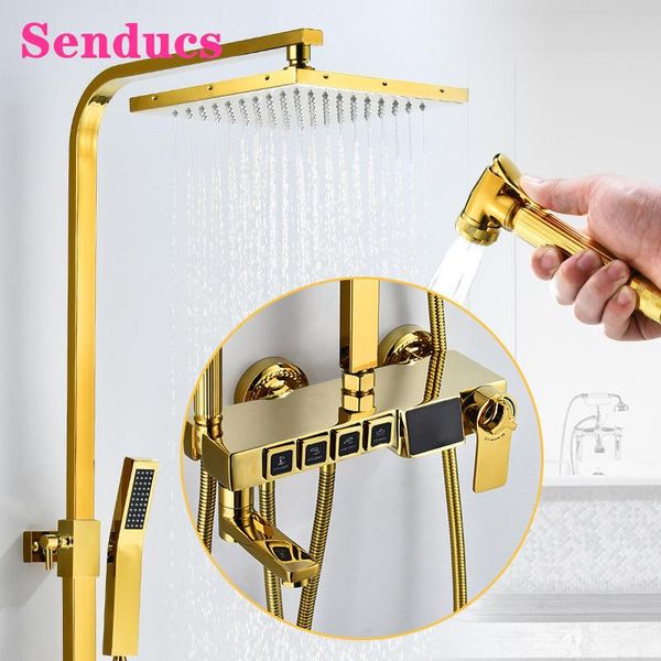 

thermostatic bathroom shower set senducs gold bathtub mixer faucet rainfall shower head quality brass gold digital sets