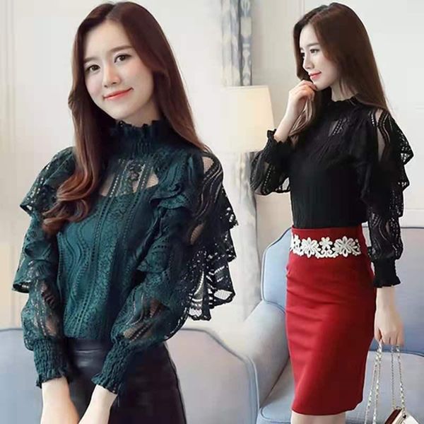 

women's knits & tees 2021 spring korean high collar lace long sleeve with lotus leaf edge, White