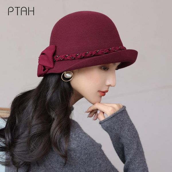 

stingy brim hats [ptah] woolen fedoras for women temperament elegant big bow 2021 autumn winter caps ladies 100% australian wool, Blue;gray