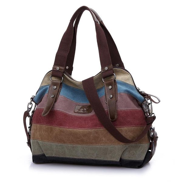 

evening bags fashion designer women handbag panelled canvas lady tote large capacity shoulder bag rainbow stripe handle shopping purses