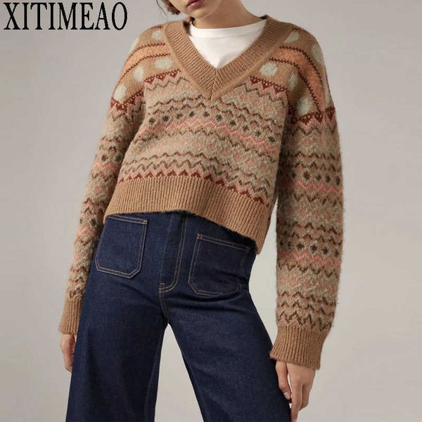 

za v-neck geometric khaki knitted sweater women casual houndstooth lady pullover sweaters female autumn winter retro jumper 210602, White;black