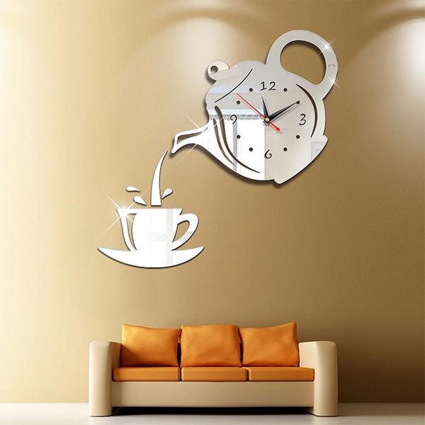 

wall clocks creative diy acrylic coffee cup teapot 3d clock decorative kitchen