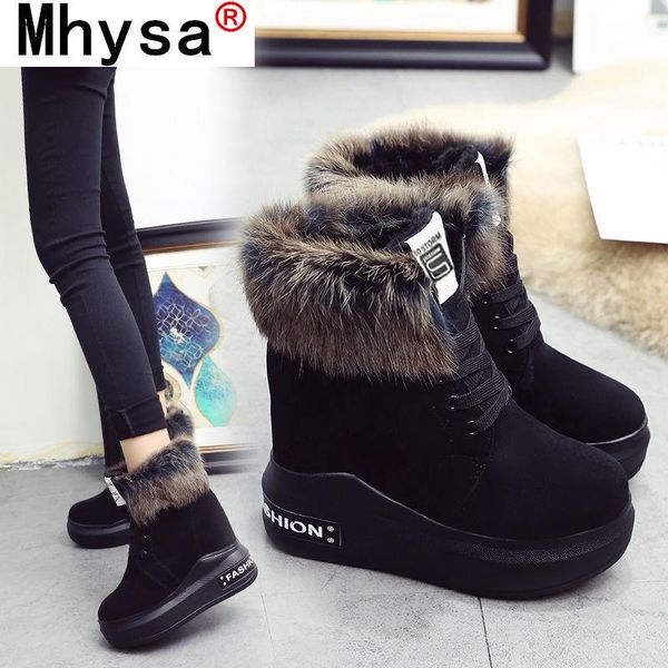 

boots 2021 winter wedge heel women snow for ankle warm plush casual booties women's fashion shoes high square heels, Black