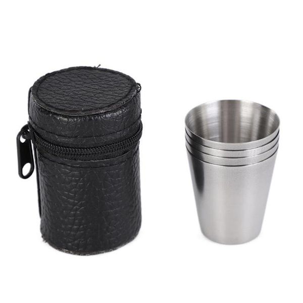 

cups & saucers 4pcs 70/160ml outdoor camping tableware travel stainless steel beer wine cup drinking whiskey mugs pu leather bag