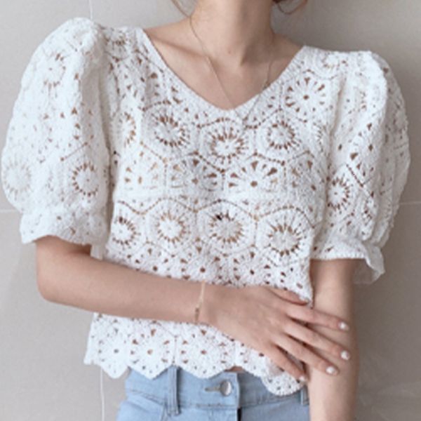 

women's knits & tees hollow out puff short sleeve blouse v-neck ruffles lady summer spring sweet girl fashion korean female, White