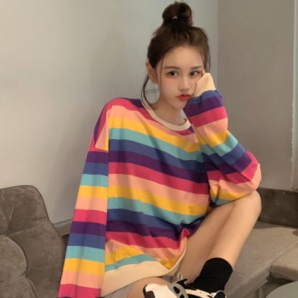 

women's hoodies & sweatshirts autumn rainbow striped women long-sleeved loose harajuku bf lazy wind korean casual female, Black