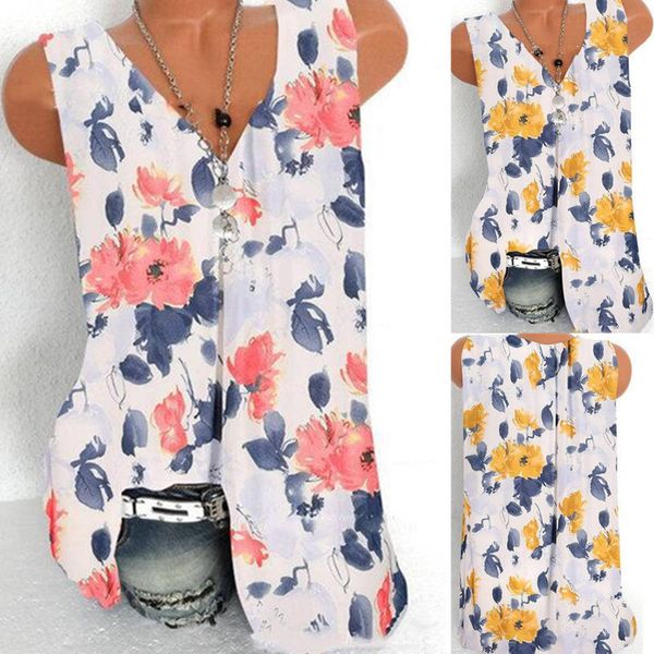 

summer new 2021 loose floral print v-neck vest t-shirt for women, White