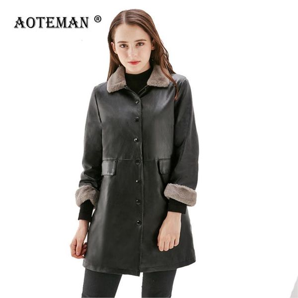 

women's leather & faux 6xl women winter pu jackets coats plus size female warm long outwears turn-down collar autumn ll031, Black