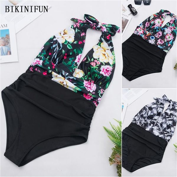 

black floral beachwear women v plunge swimsuit patchwork one piece suit s-xl girl backless halter swimwear monokini one-piece suits