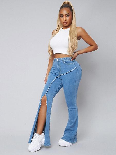 

sxy zipper fly raw trim split hem flare leg jeans w5dr#, Blue