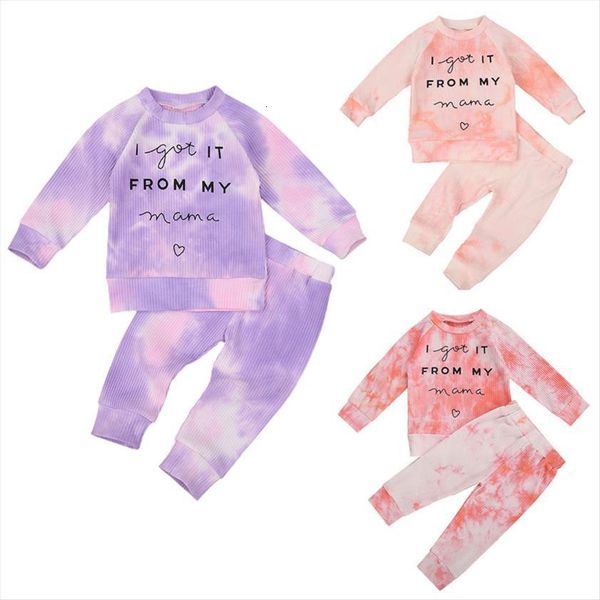 

1 5years toddler baby girl tie dye printed autumn clothing set long sleeve o neck shirt pants 2pcs 3colors, White