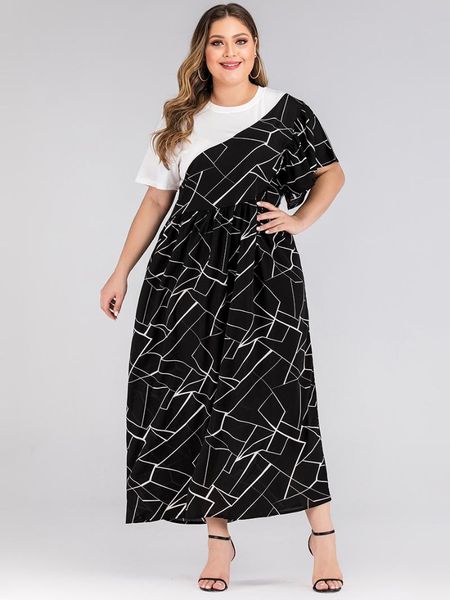 

plus size dresses 2021 summer long dress women black white patchwork loose casual holiday pleated short sleeve maxi 4xl