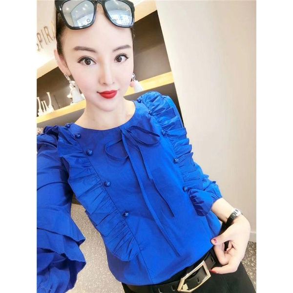 

women's blouses & shirts women 2021 spring solid color o-neck chiffon shirt female fashion long sleeve ruffles blouse ladies large size, White