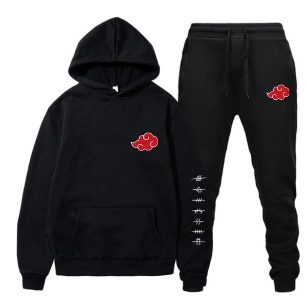 

jogging clothing 2 pieces set akatsuki cloud symbols print hoodies+pants tracksuit men women sweatshirt streetwear pullover sudaderas, Black;red
