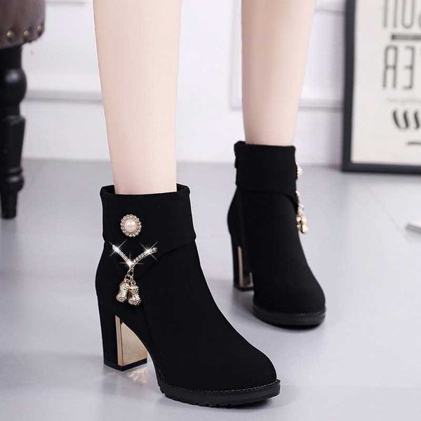 

fashion boots 2021 autumn and winter new plush short tube high-heeled shoes suede thin round head women's boots, Black