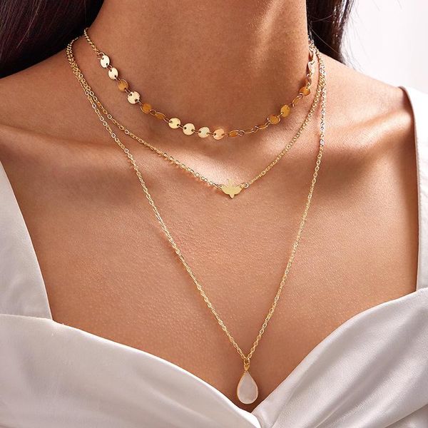 Pingente colares de ouro cor choker colar para mulheres 3 camadas lantejoulas pingentes pingentes de pingentes veludo coradores moda jóias