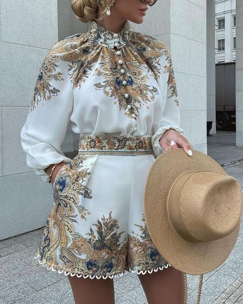 

women's tracksuits 2021 holiday two piece overalls summer floral print button front long sleeve & shorts set elegant workwear, Gray