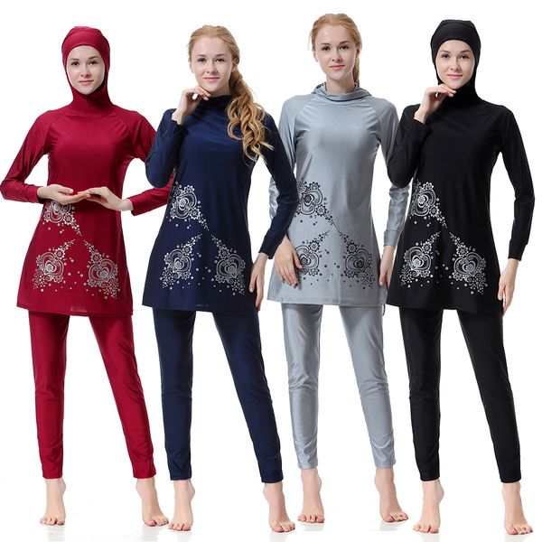 

islamic muslim swimwear women hooded swim wear burkini two piece suits print hijab swimsuit modest swim surf wear sport burkinis, Red