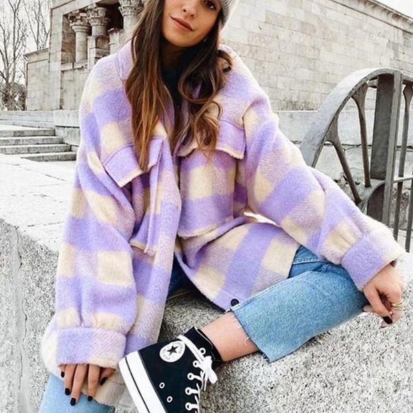 

women's wool & blends fashion sweet plaid shirt coat ladies pocket lapel collar cute girl chic jacket streetwear 2021, Black