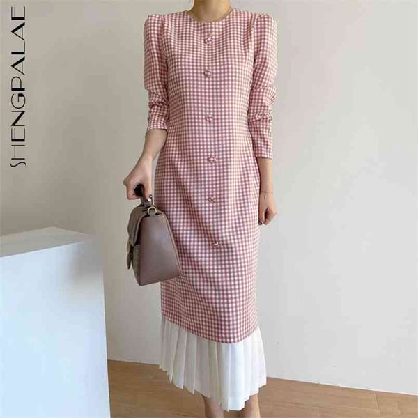 

shengpllae elegant plaid contrast dress women's summer round neck single breasted spliced pleated long sleeve dresses 210427, White