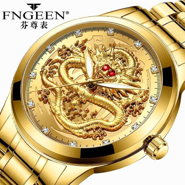 

luxury business man watch steel waterproof quartz wrist male clock fashion embossed gold diamond ruby dragon face watches wristwatches, Slivery;brown