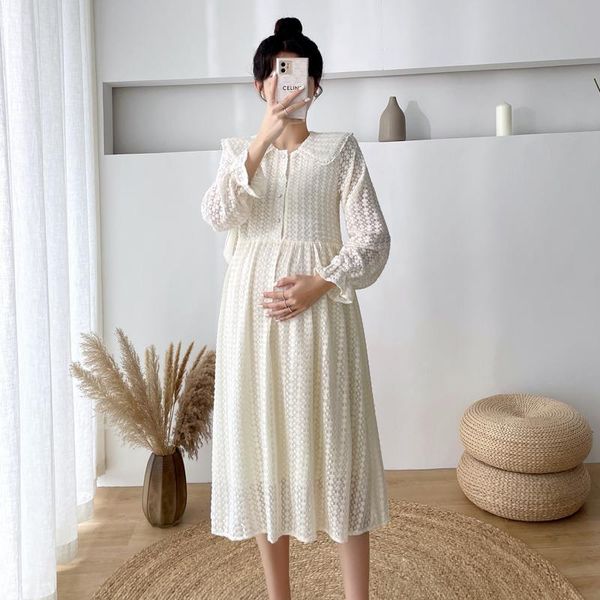 

maternity dresses 7017# autumn spring korean fashion lace long dress elegant a line clothes for pregnant women chic ins lovely pregnancy, White