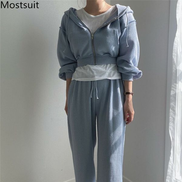 

sport casual korean two piece pants tracksuit sets women short hoodie + wide leg outfits fashion female 210518, White