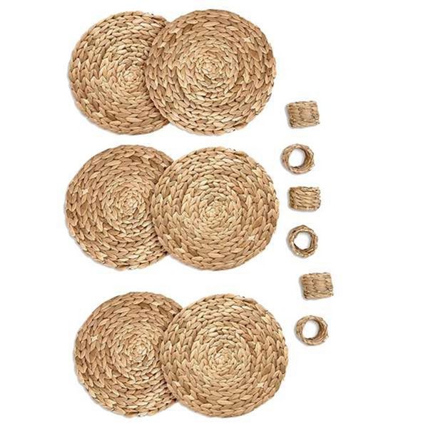 

mats & pads 6pcs 15inch round woven placemats for dining table with napkin rings, natural decor,heat resistant