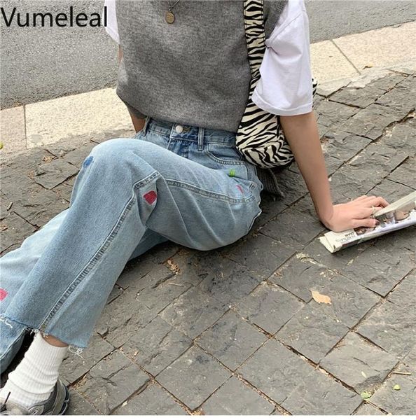 

women's jeans large size split straight leg for women 2021 korean version high-waisted loose to show slim wide-leg pants, Blue