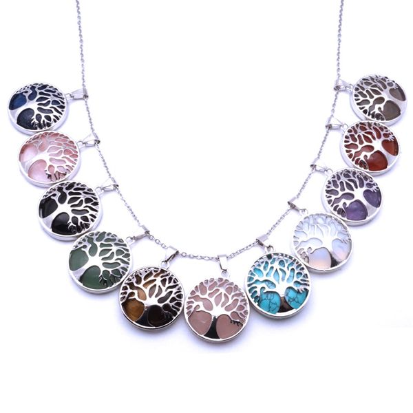 

women men tree of life charm round quartz crystal healing stones pendant necklace amethysts tiger eye lapis lazuli opal, Silver