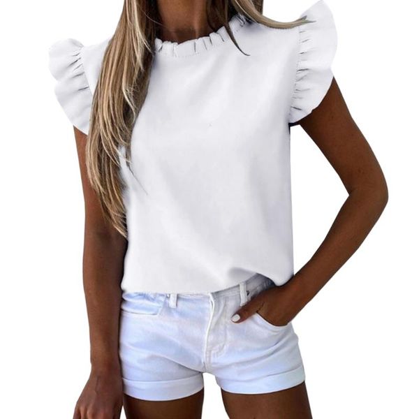 

women's blouses & shirts striped print v neck ruffle blouse shirt women 2021 summer butterfly sleeve casual elegant button office lady, White