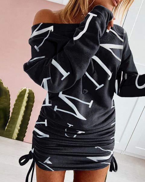

casual dresses fashion women bodycon mini dress letter print long sleeve drawstring ruched sweatshirt, Black;gray