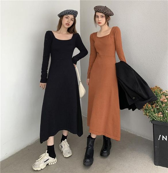

chic women long knit maxi sweater dress autumn winter vintage square collar sleeve slim knitted dresses casual, Black;gray
