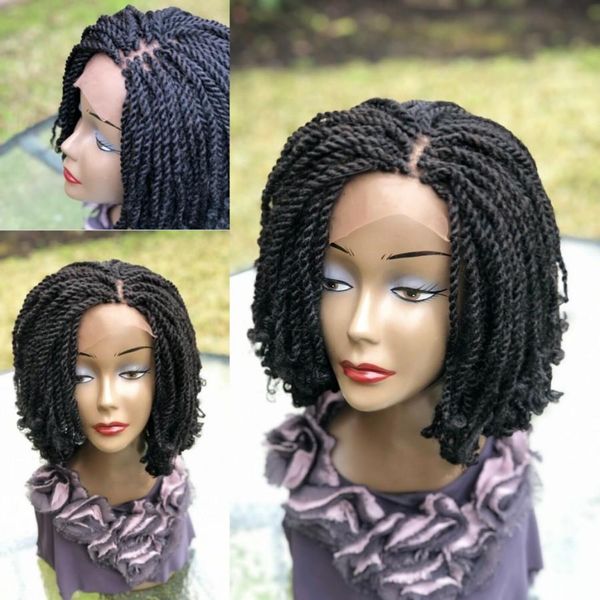 

black color short kinky braided wig14inch full handtied braided lace front wig with curly tips for africa women, Black;brown